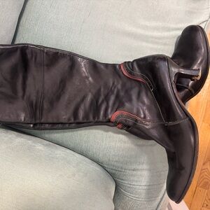 italian leather Black Leather Knee-High Boots with Red Accents